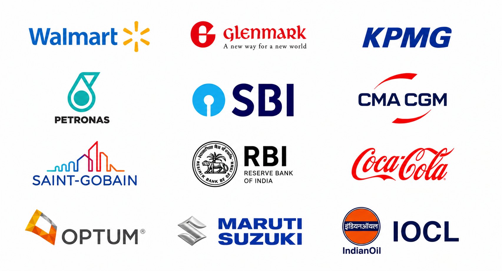 Organizations including Walmart, Glenmark, KPMG, SBI, RBI and IOCL