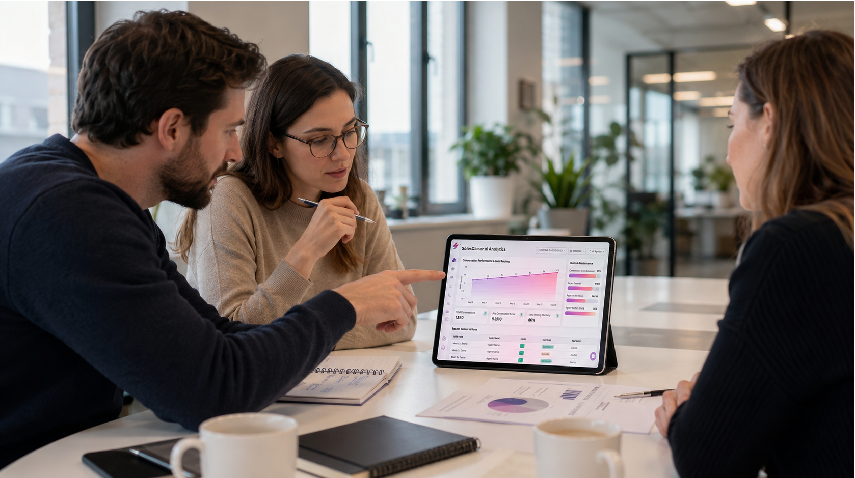 Team reviewing a learning analytics dashboard on a tablet